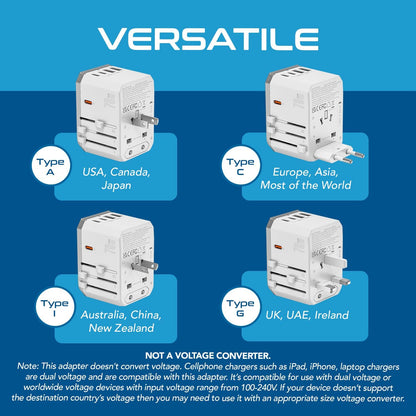Travel Adapter Worldwide, 70W GAN, 2 USB + 3 USB-C, Universal Input