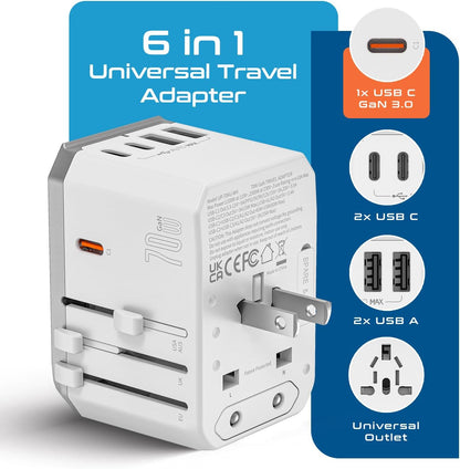 Travel Adapter Worldwide, 70W GAN, 2 USB + 3 USB-C, Universal Input