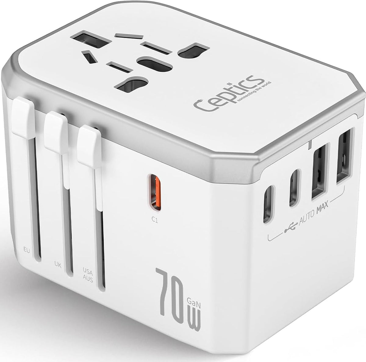 Travel Adapter Worldwide, 70W GAN, 2 USB + 3 USB-C, Universal Input