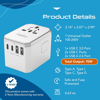 Travel Adapter Worldwide, 70W GAN, 2 USB + 3 USB-C, Universal Input