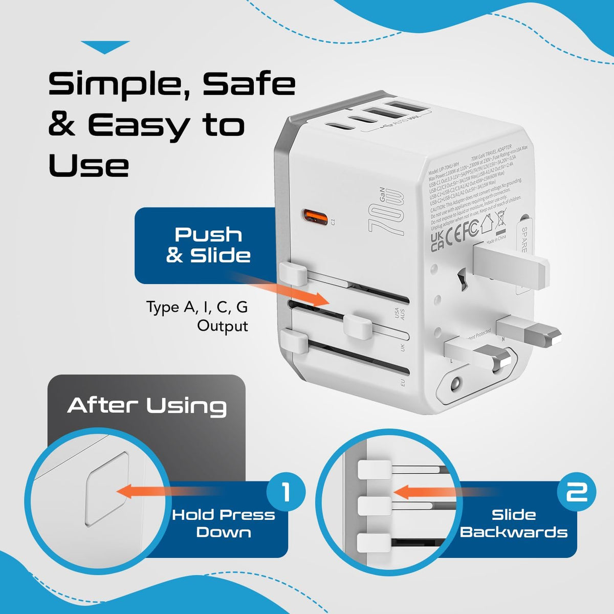 Travel Adapter Worldwide, 70W GAN, 2 USB + 3 USB-C, Universal Input